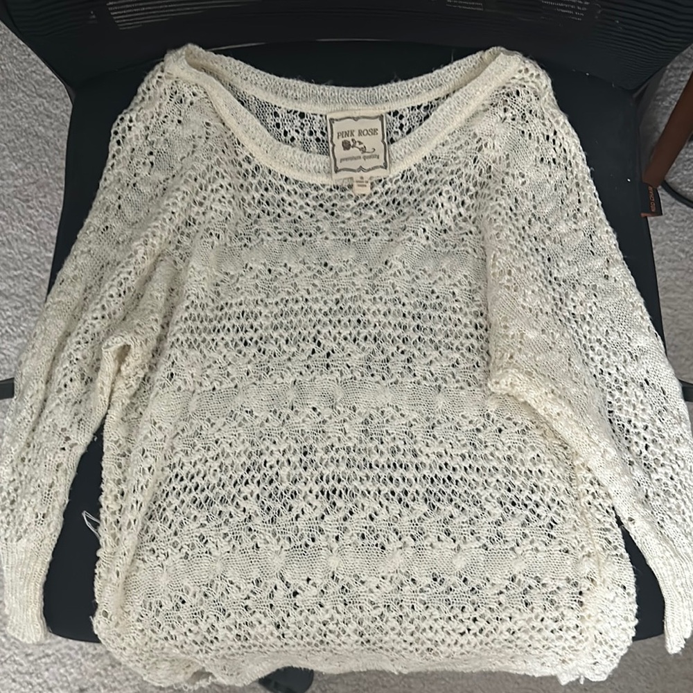 Pink Rose Cream Crew Neck Sweater with Lace Knit Pattern